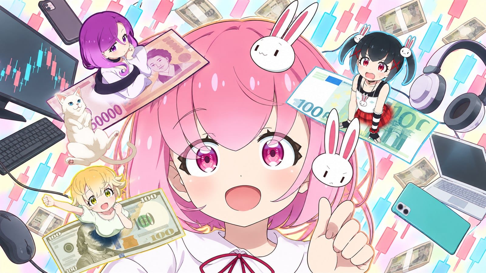 Kurumi Fukuga surrounded by money, trading screens and her fellow FX traders
