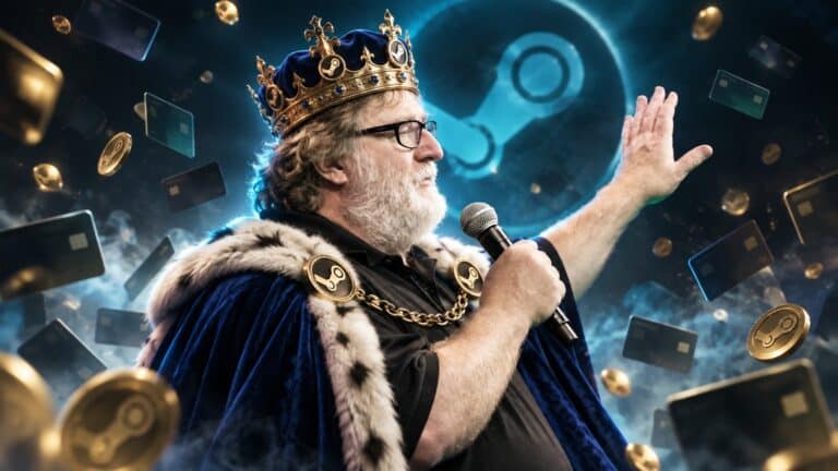 Gabe Newell wearing a gold crown surrounded by credit cards and Steam symbols