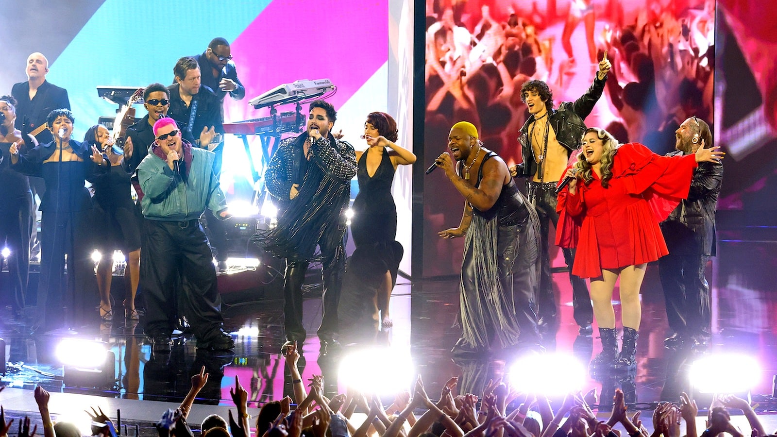 Performers gather onstage for the George Michael tribute at the 2026 VMAs