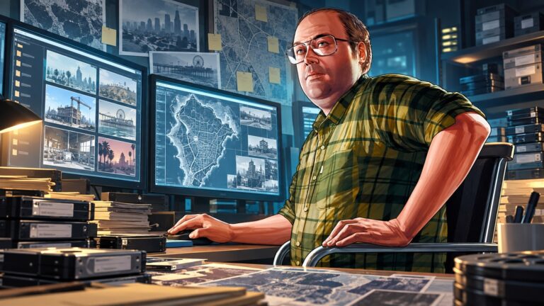 Lester in an archive room investigating old Grand Theft Auto development files