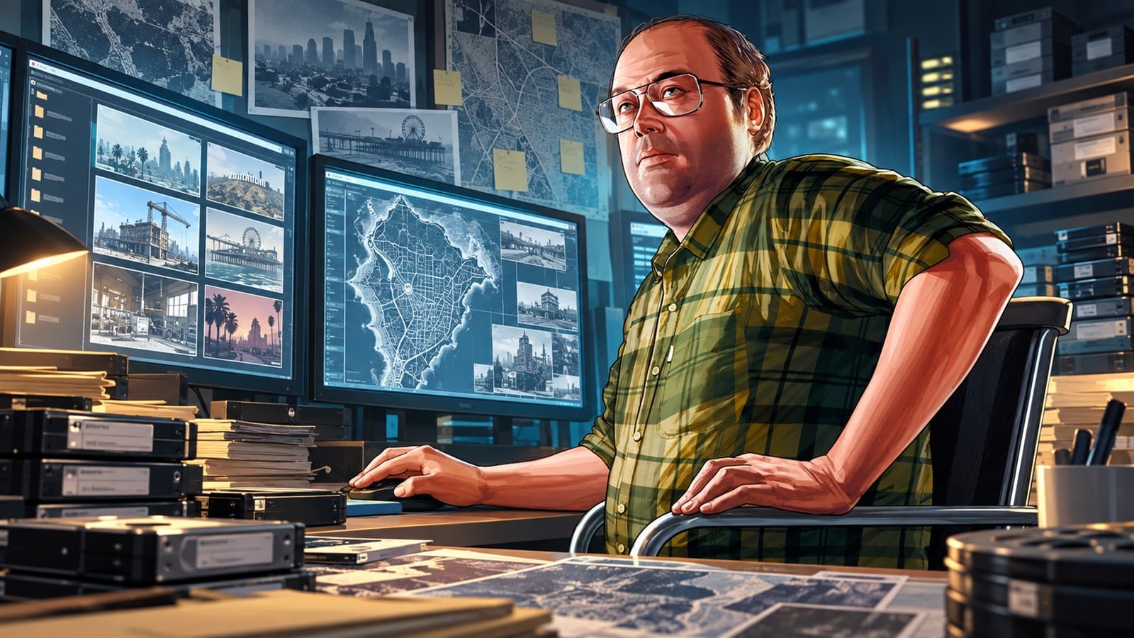 Lester in an archive room investigating old Grand Theft Auto development files