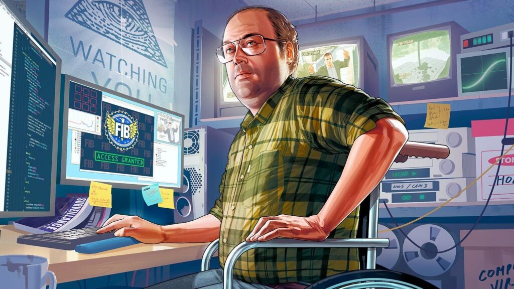 Lester working at computers in Grand Theft Auto V artwork