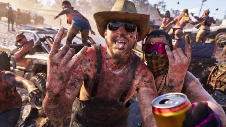Mud-covered partygoers at an outdoor event in Grand Theft Auto VI