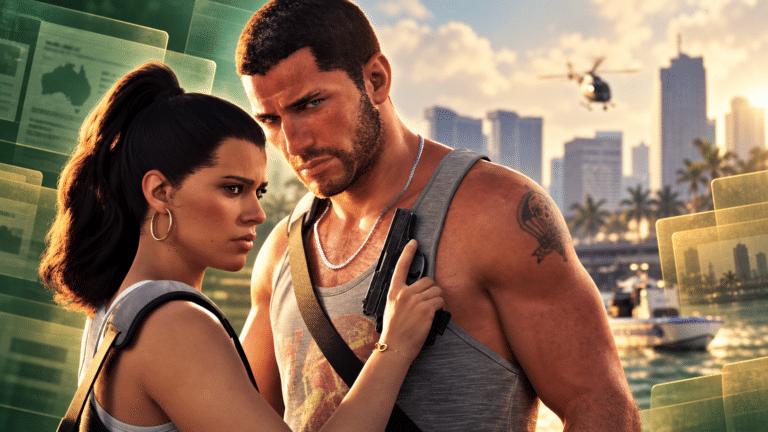 Jason and Lucia from Grand Theft Auto VI framed by abstract green and gold classification records