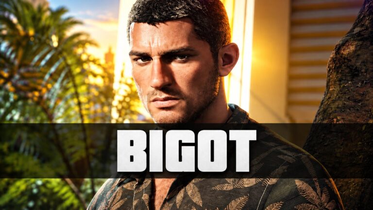 GTA VI-inspired portrait of a man with the word BIGOT across the image