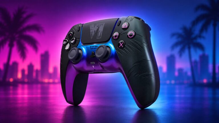 Black GTA VI Limited Edition DualSense controller against a neon purple and blue Vice City backdrop