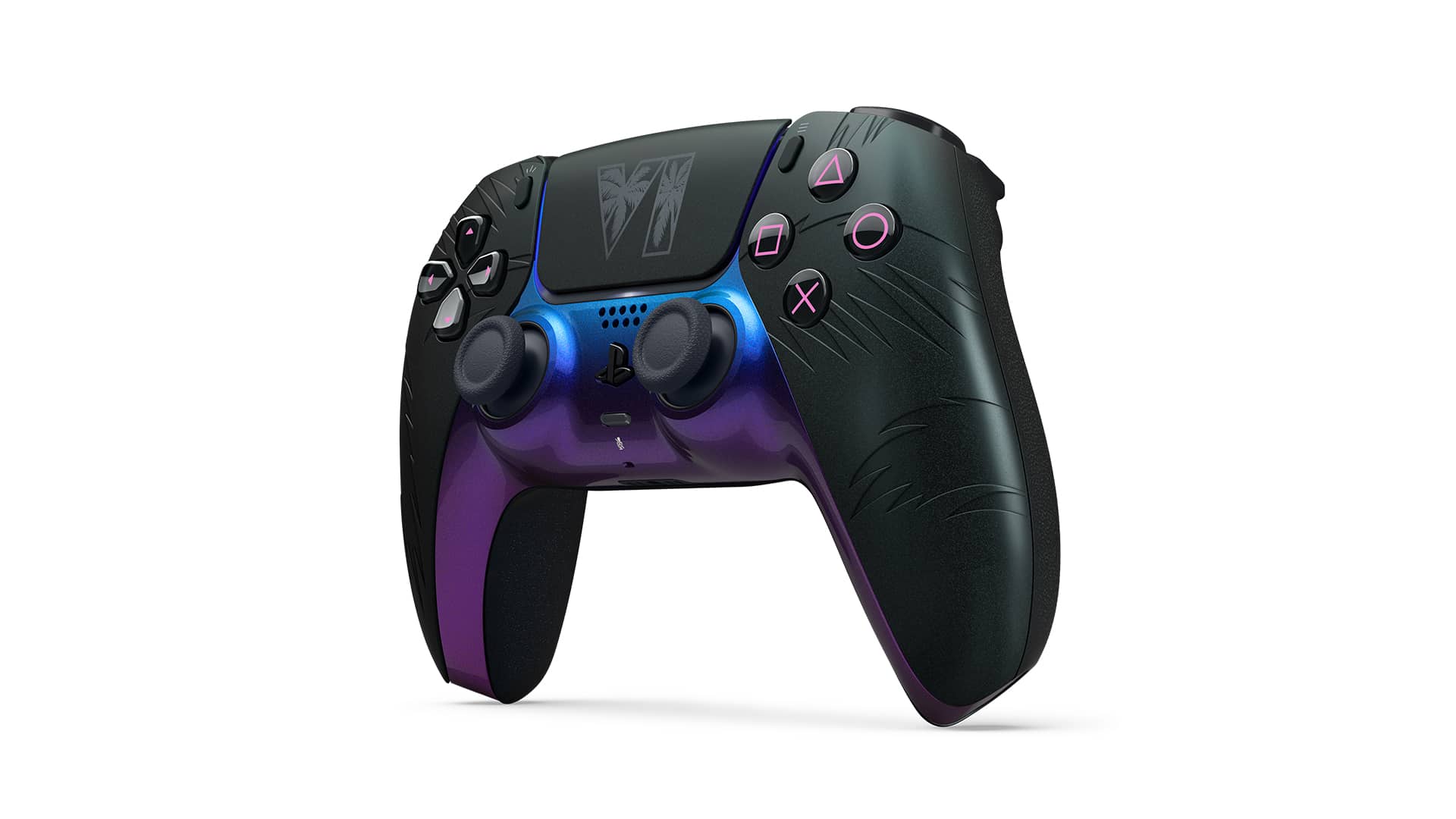 Black GTA VI limited-edition DualSense controller with purple and blue iridescent centre
