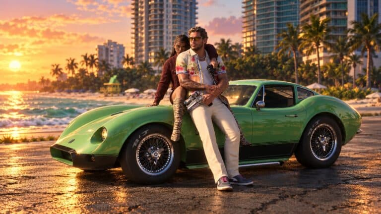 Lucia and Jason beside a green sports car at sunset in Grand Theft Auto VI