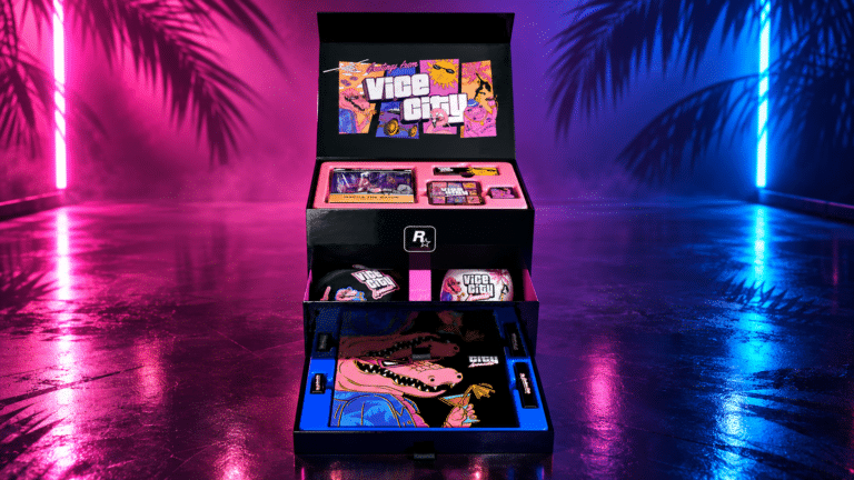 The open GTA VI Goodtime State Vice City Collection in a neon pink and blue studio