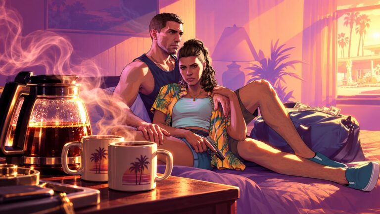 Jason and Lucia sit beside a steaming coffee pot in a GTA VI editorial illustration