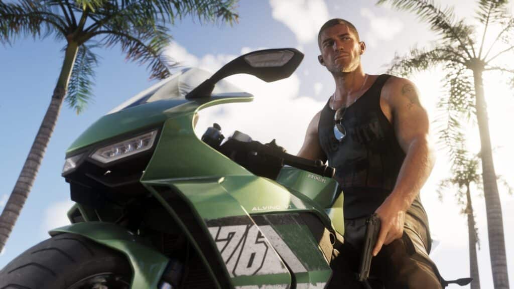 Jason riding a green motorbike in Grand Theft Auto VI