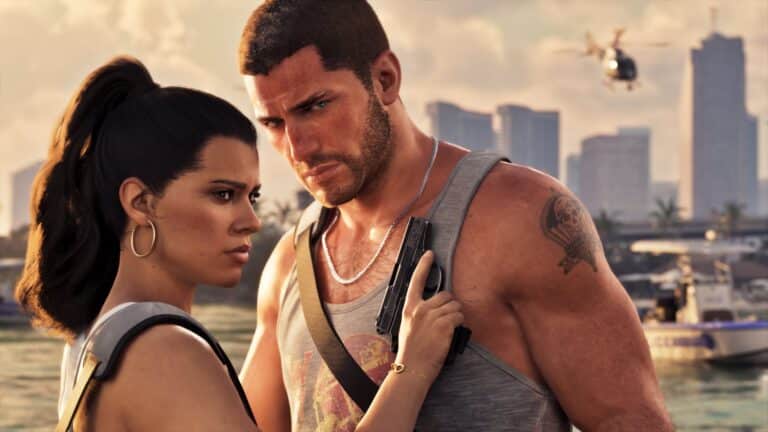 Lucia and Jason standing together beside the water in Grand Theft Auto VI