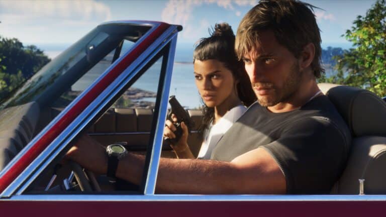 Jason and Lucia sitting in a convertible in an official Grand Theft Auto VI screenshot