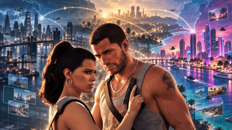 Jason and Lucia framed by a connected three-city Grand Theft Auto Online world concept
