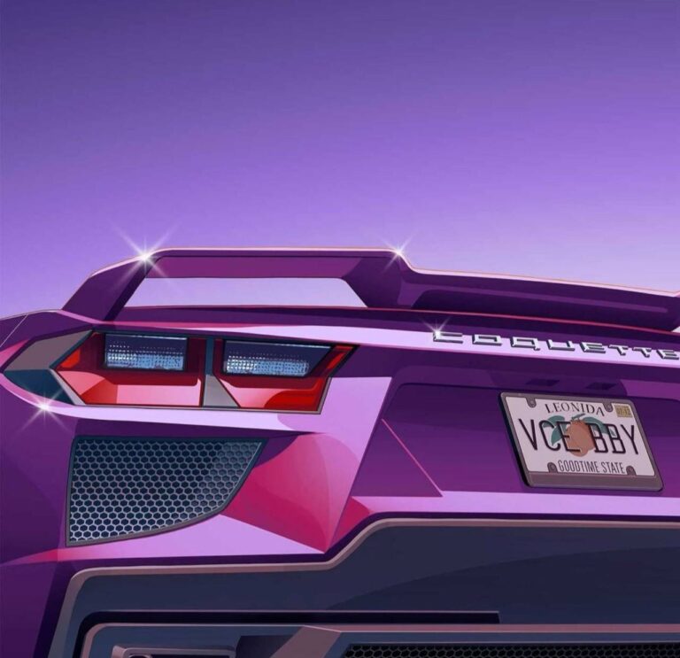 Purple Coquette sports car artwork with a Leonida Vice Baby plate