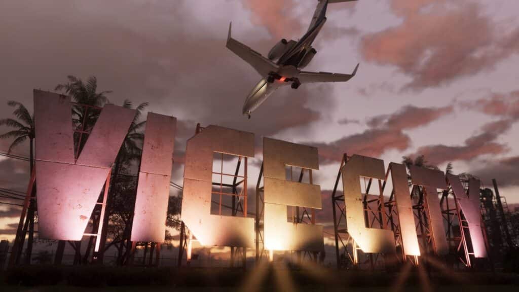 A plane flying over the Vice City sign in Grand Theft Auto VI
