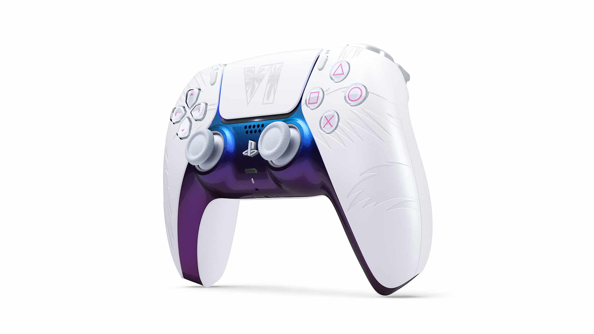 White Grand Theft Auto VI Limited Edition DualSense controller with neon purple accents
