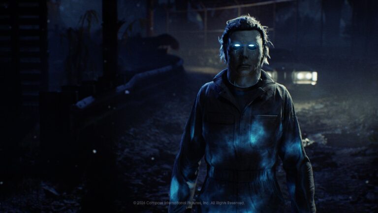 Michael Myers standing in a dark Haddonfield street in Halloween: The Game