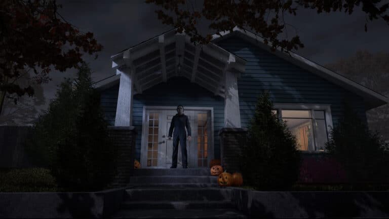 Michael Myers stands on a pumpkin-lit porch in Halloween: The Game