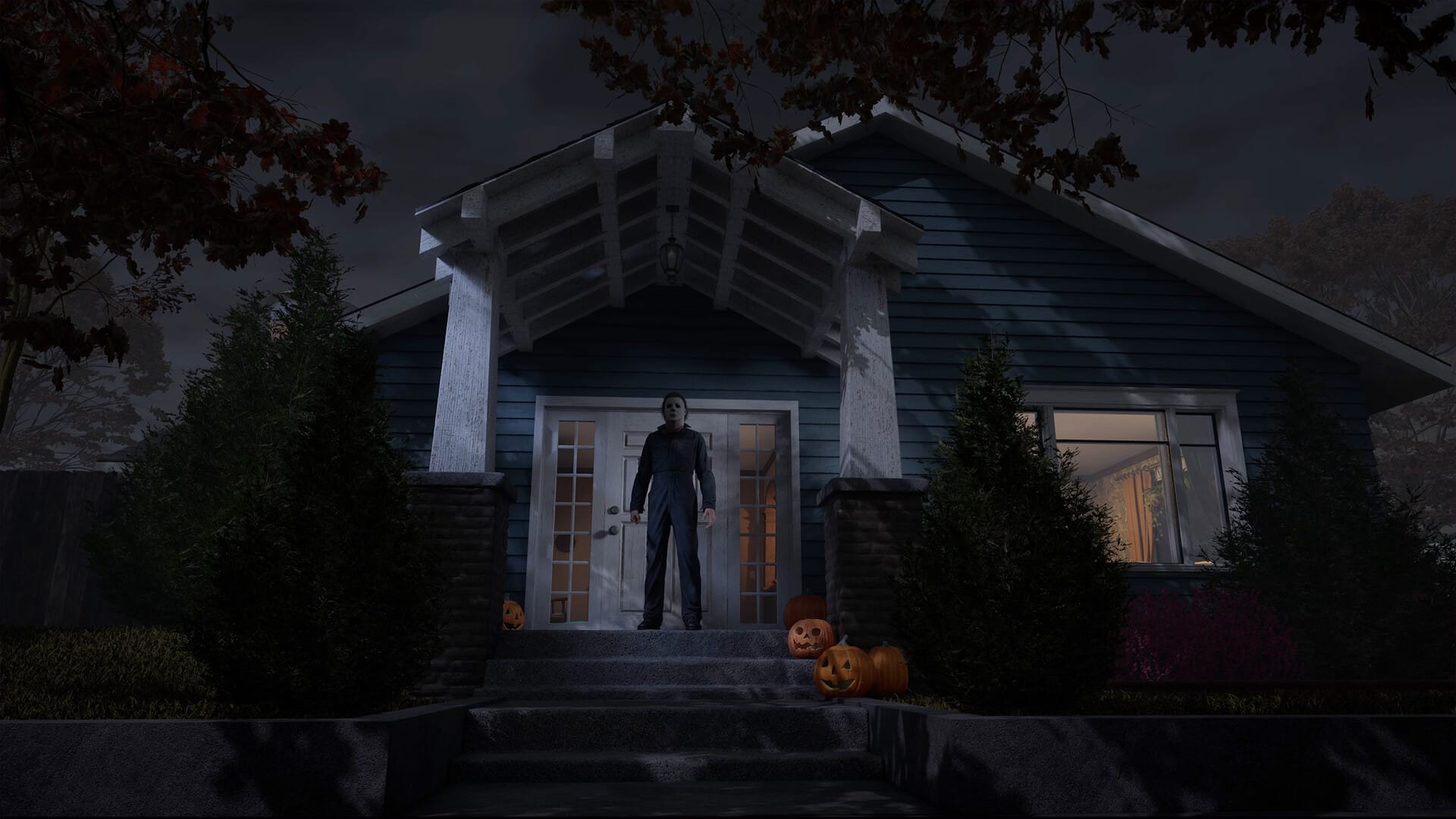 Michael Myers stands on a pumpkin-lit porch in Halloween: The Game