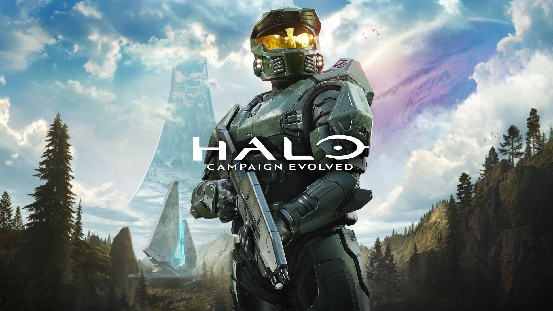Master Chief stands on a Halo ring in official Halo: Campaign Evolved key art.