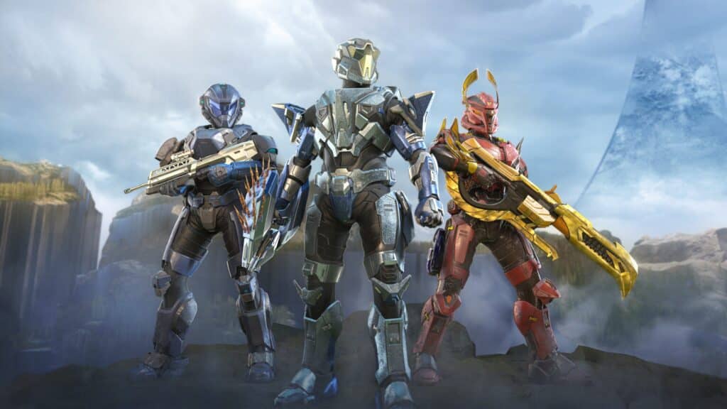 Three Spartans pose on Zeta Halo in official Halo Infinite Operation: Infinite artwork.