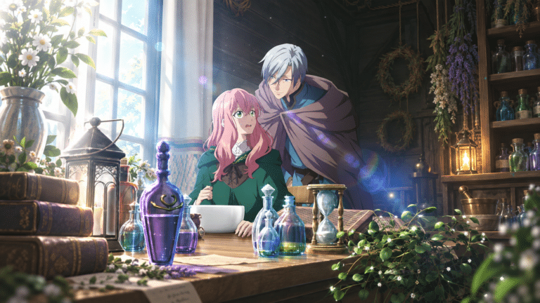 Rose and Harij together in the witch's potion workshop in Hello, I am a Witch and my Crush Wants me to Make a Love Potion!