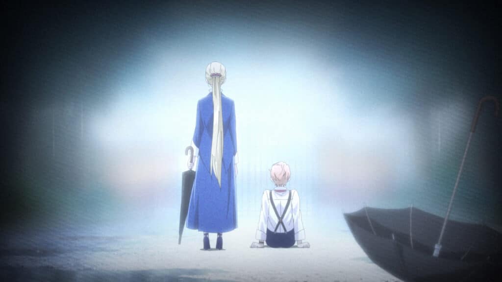 Sara Haizaki and Ikuro Hoshi stand in the rain in HOTEL INHUMANS