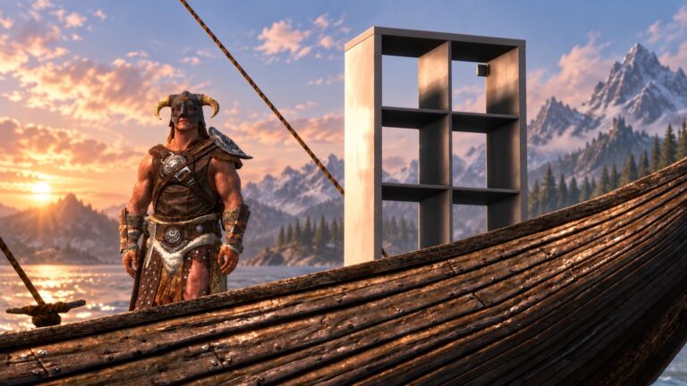 A Skyrim adventurer stands beside a travelling black KALLAX-style storage shelf
