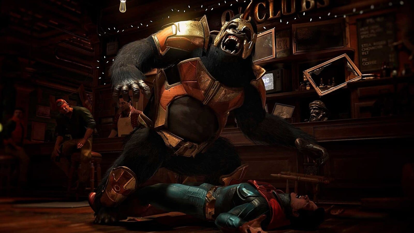 Official Injustice 2 gameplay with DC characters fighting in a bar