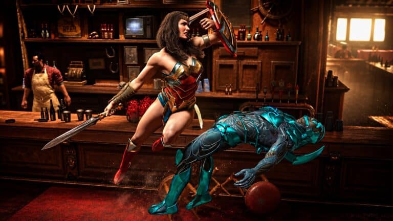 Wonder Woman fighting in an enhanced official Injustice 2 gameplay image