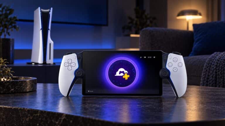PlayStation Portal in front of a PlayStation 5 console in a dark living room
