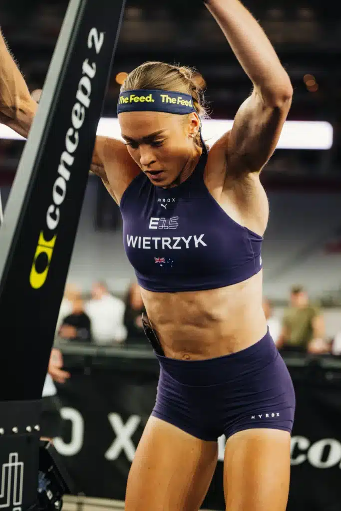 Joanna Wietrzyk working on a Concept2 machine during a HYROX race
