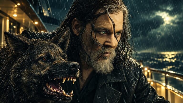 Johnny Depp and a snarling wolf in the rain for Day Drinker