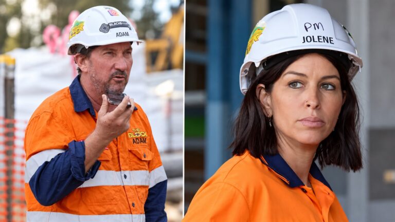 Jolene and Adam from The Block in hard hats at the construction site