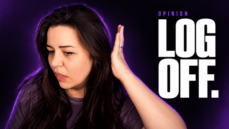 Kaceytron in a purple and black editorial portrait with the words Opinion: Log Off.