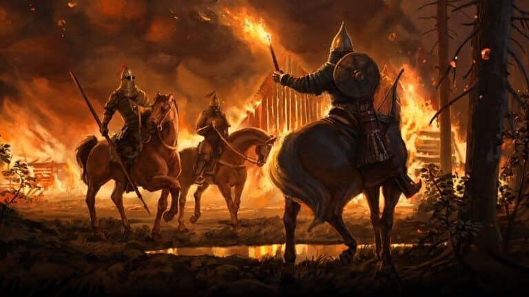 Mounted fighters ride through a burning medieval village in Kingdom Come: Deliverance II artwork