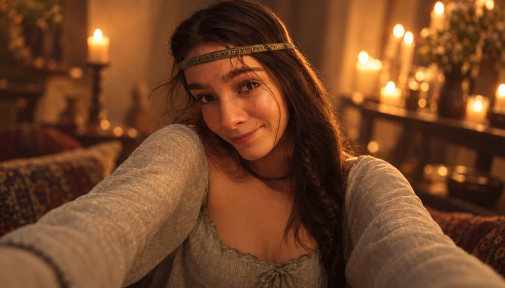 Illustration of a young woman in medieval dress in a candlelit room