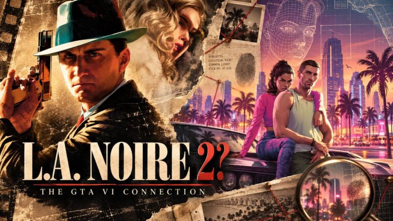 Editorial collage connecting L.A. Noire detective imagery with Grand Theft Auto VI technology and Vice City