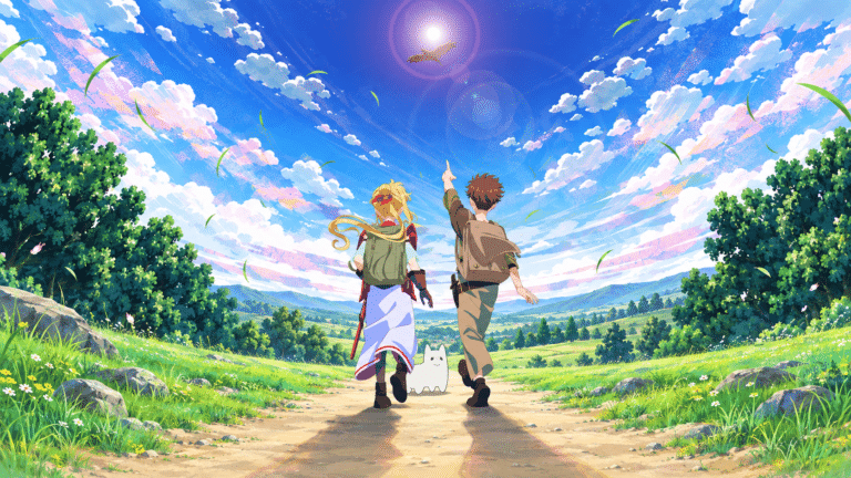 Rein and Lilly walk toward a bright horizon in The Laid-Off Cheat-Granting Mage Enjoys a Second Lease on Life