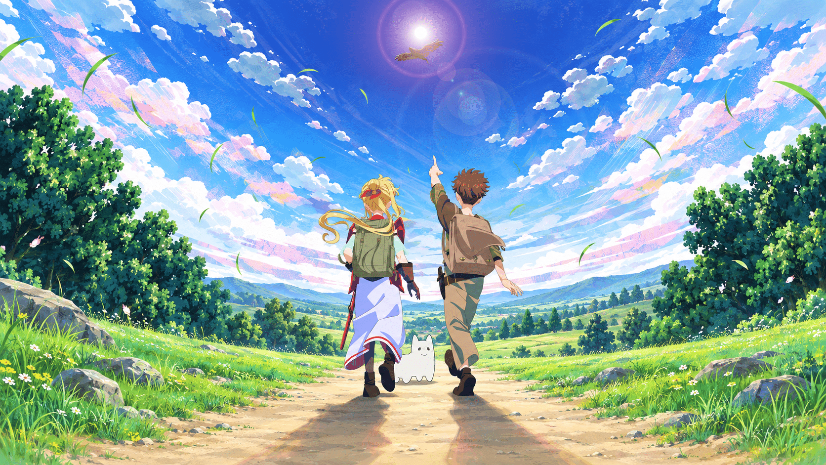 Rein and Lilly walk toward a bright horizon in The Laid-Off Cheat-Granting Mage Enjoys a Second Lease on Life