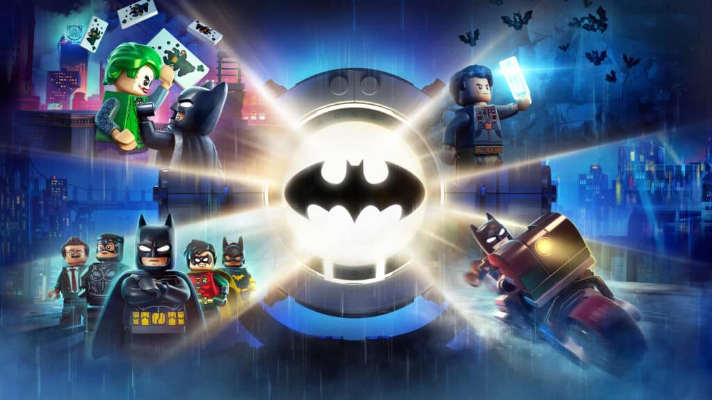 Batman and allies gather around the Bat-Signal in LEGO Batman Legacy of the Dark Knight