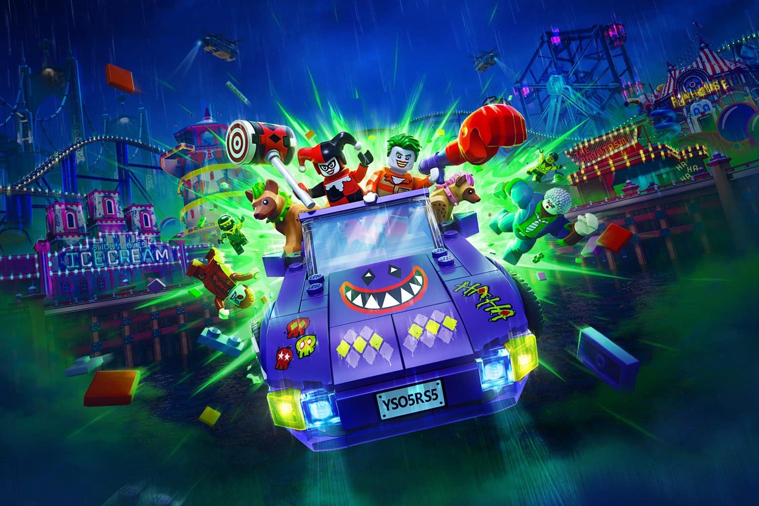 Joker and Harley Quinn race through Gotham in LEGO Batman Mayhem Collection artwork