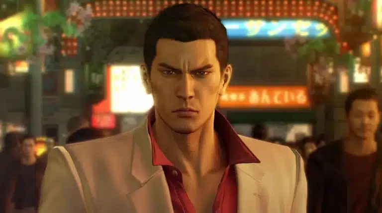 Kazuma Kiryu from SEGA’s Like a Dragon series in a city street.