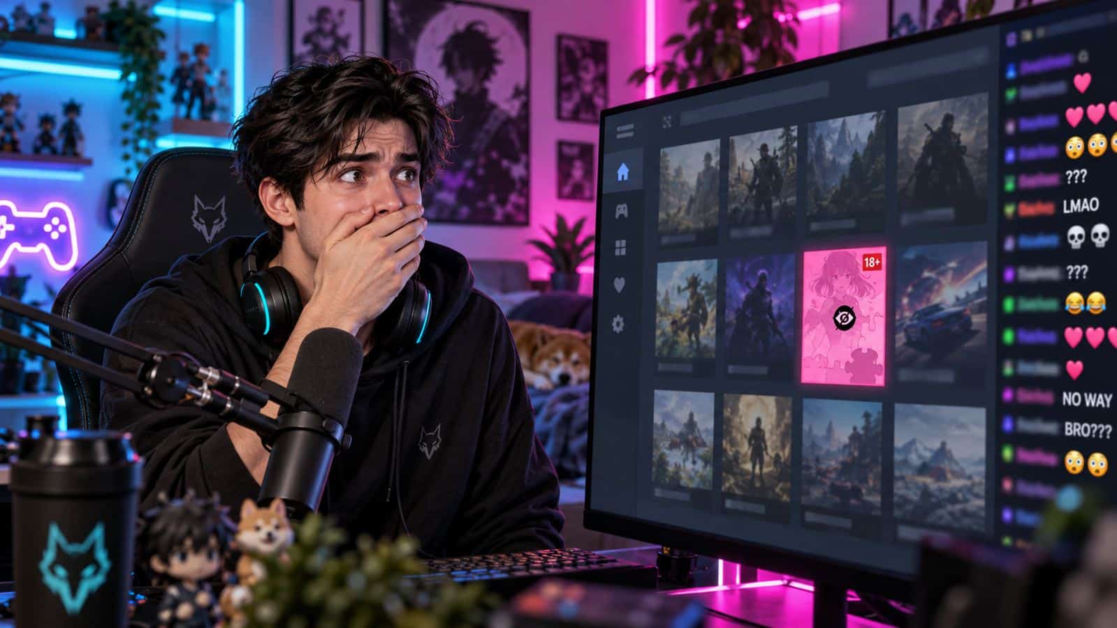 Illustration of a livestreamer accidentally revealing one hidden 18+ game in a PC game library