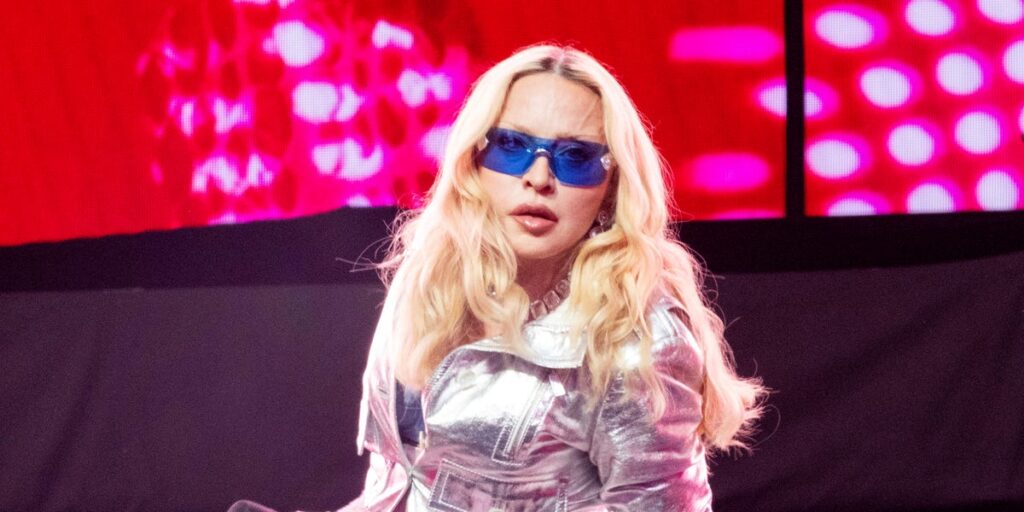 Madonna performing in a silver outfit at the 2026 MTV VMAs