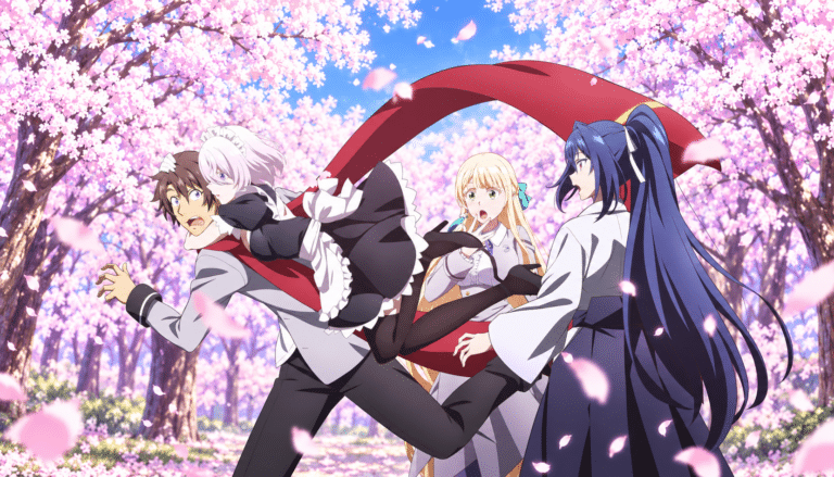 Kosuke Takioto and the Magical Explorer heroines beneath cherry blossoms