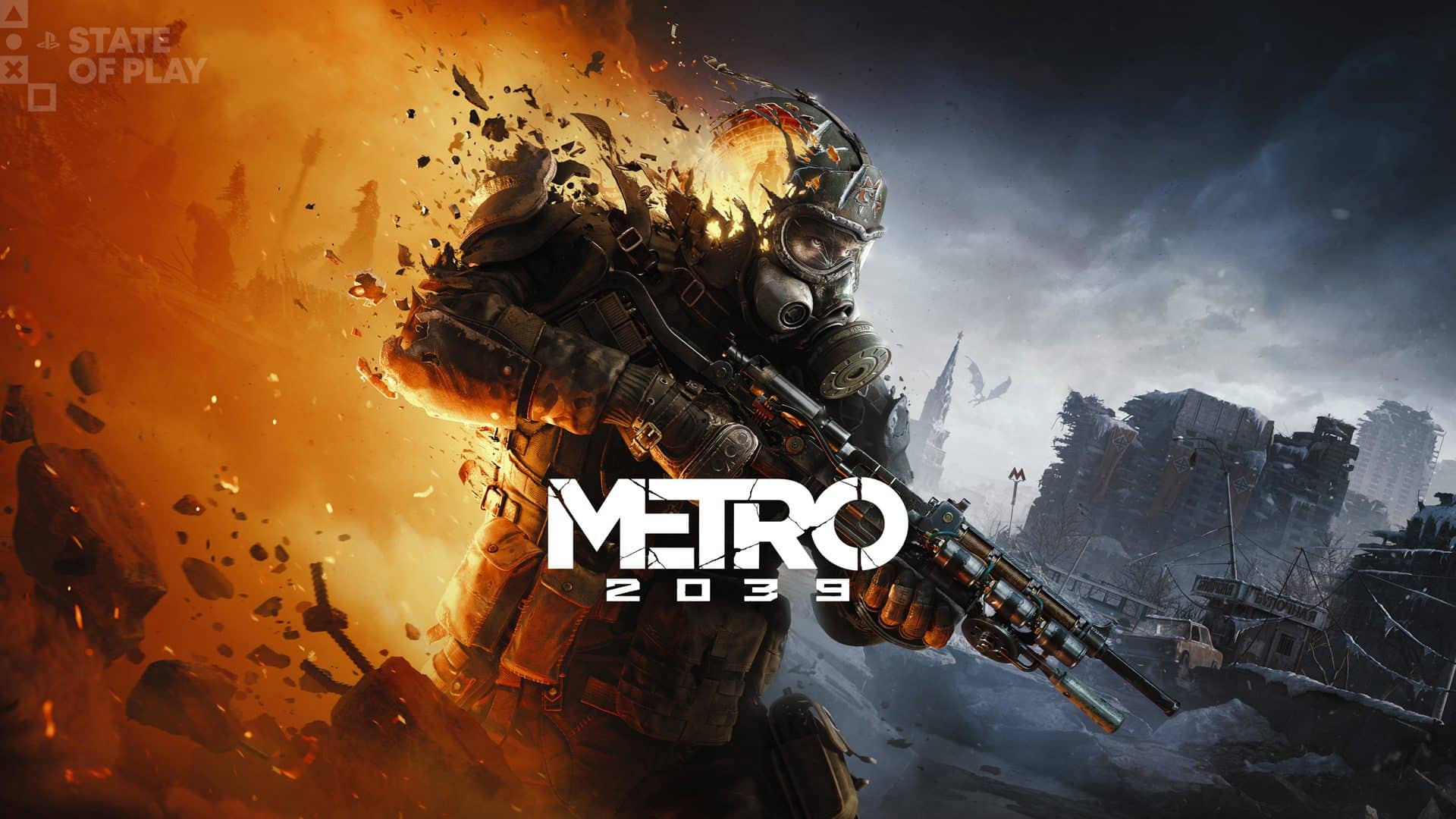 The Stranger in Metro 2039 key art with fire and ruined Moscow behind him