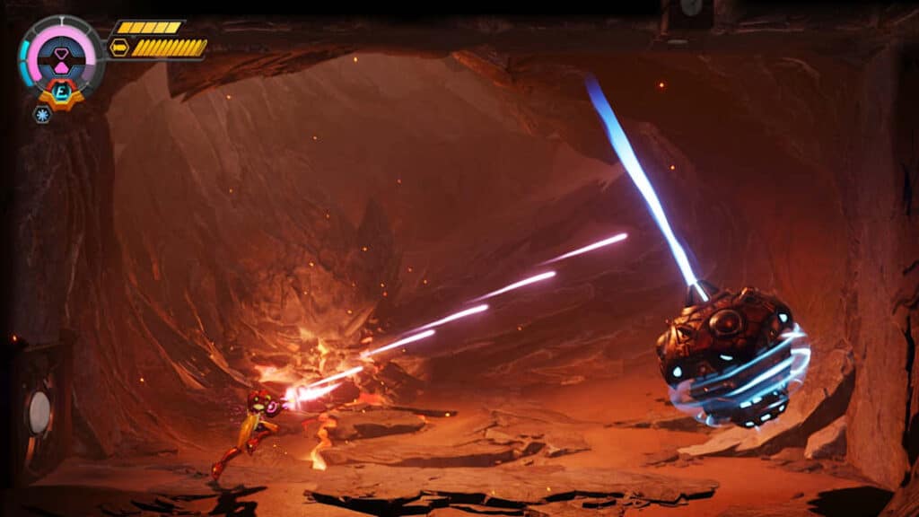 Samus Aran fires at an enemy in a cavern in Metroid Ravenous.
