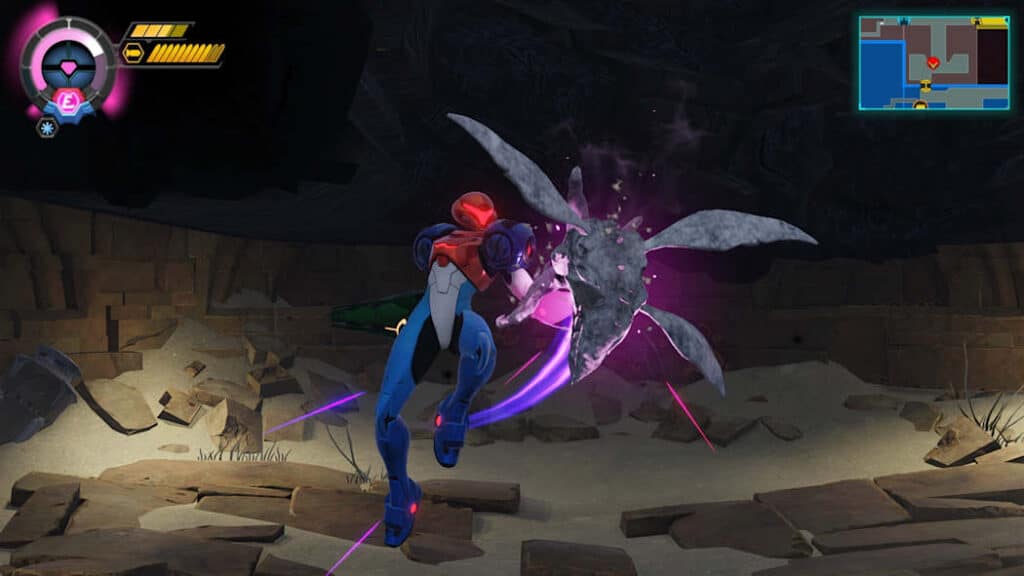 Samus Aran drains energy from an enemy in Metroid Ravenous.